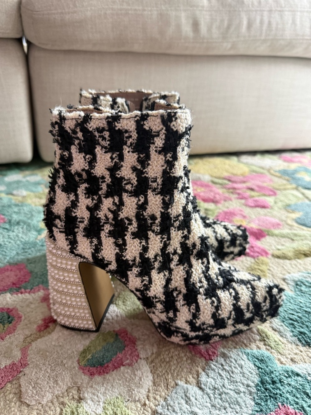 Black & Cream Houndstooth Tweed Ankle Boots with Embellished Heel
